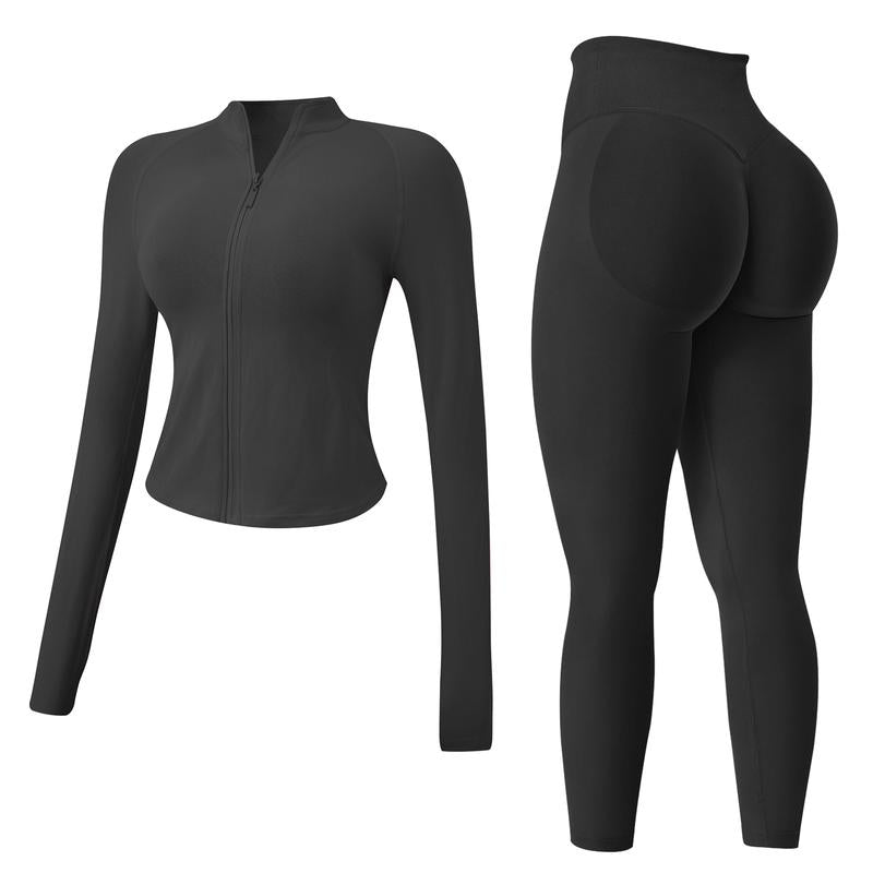Jetjoy 2 Piece Workout Sets for Women, Long or Short Sleeve T Shirt Tank Top + Workout Shorts Butt Lifting Gym Seamless Booty Biker Shorts, Going Out Gym Sets Fitness Clothes Skinny Sportswear Compression Activewear Gymwear Fitness Clothes
