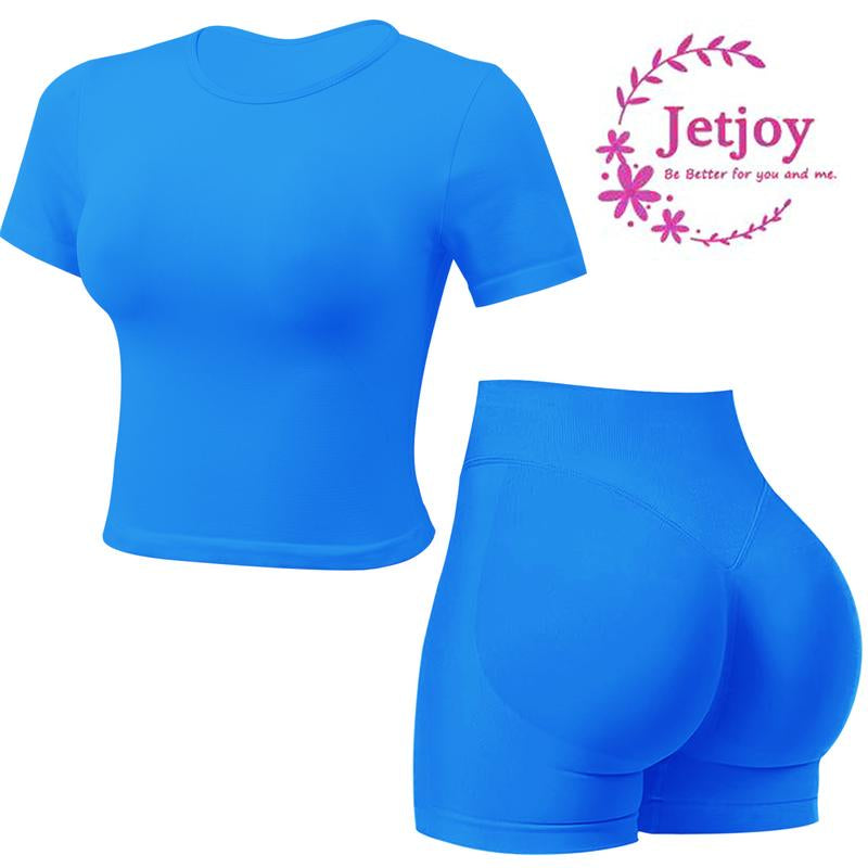 Jetjoy 2 Piece Workout Sets for Women, Long or Short Sleeve T Shirt Tank Top + Workout Shorts Butt Lifting Gym Seamless Booty Biker Shorts, Going Out Gym Sets Fitness Clothes Skinny Sportswear Compression Activewear Gymwear Fitness Clothes