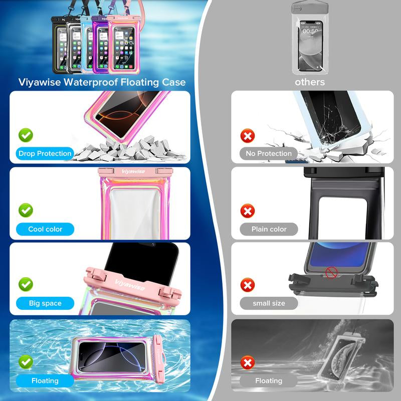 Viyawise Outdoorfun Waterproof Phone Pouch - IPX8 Certified & Floatable Design | 5 Holographic Colors | Fits Most Smartphones | Beach Cruise Swim Essentials with Adjustable Lanyard
