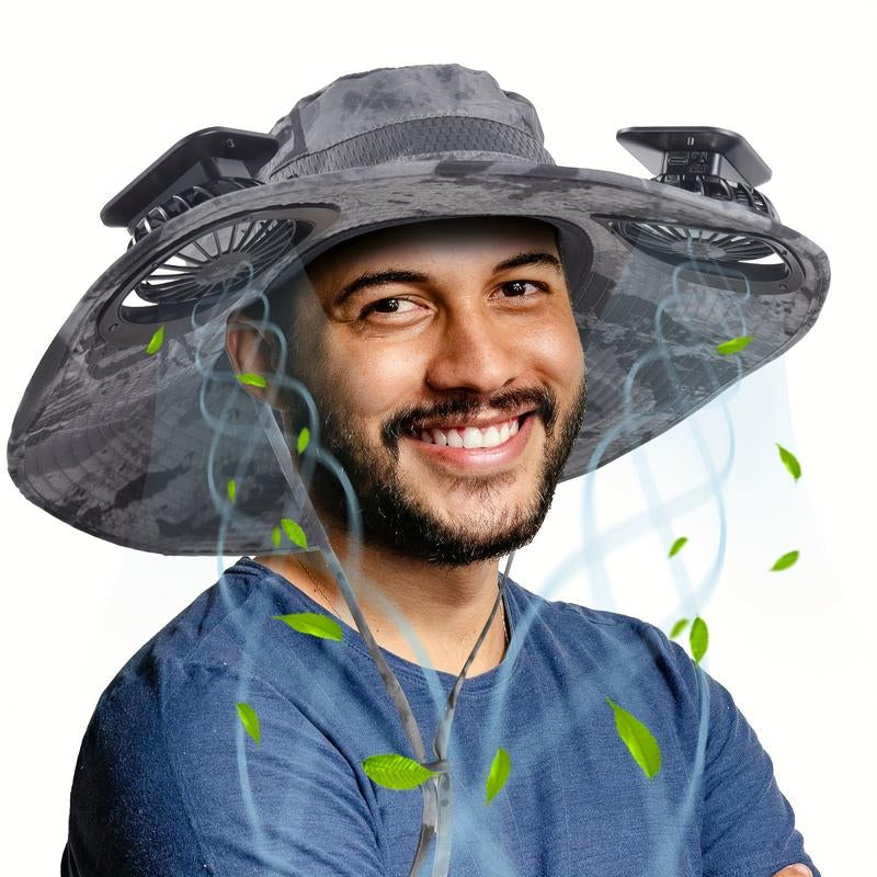 Solar Powered Outdoor Fishing Hat with Double Fans-Breathable Textile Material,Usb Charging,Sunscreen,Woven Fabric-Ldeal for Summer Hiking and Camping