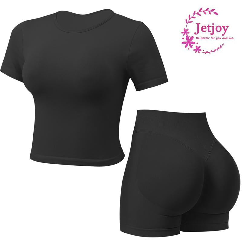 Jetjoy 2 Piece Workout Sets for Women, Long or Short Sleeve T Shirt Tank Top + Workout Shorts Butt Lifting Gym Seamless Booty Biker Shorts, Going Out Gym Sets Fitness Clothes Skinny Sportswear Compression Activewear Gymwear Fitness Clothes