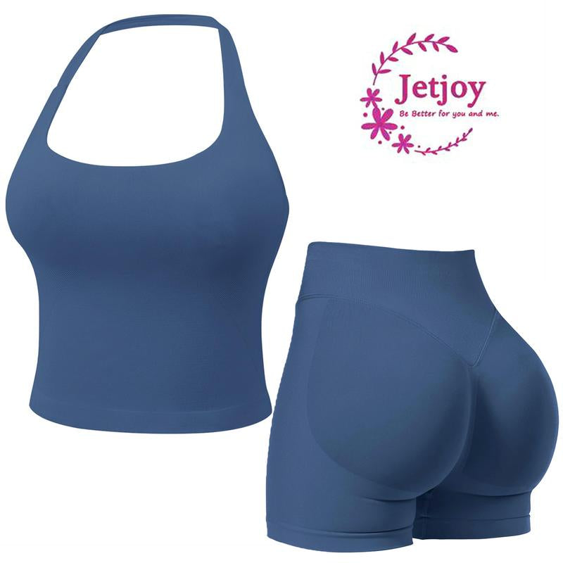 Jetjoy 2 Piece Workout Sets for Women, Long or Short Sleeve T Shirt Tank Top + Workout Shorts Butt Lifting Gym Seamless Booty Biker Shorts, Going Out Gym Sets Fitness Clothes Skinny Sportswear Compression Activewear Gymwear Fitness Clothes