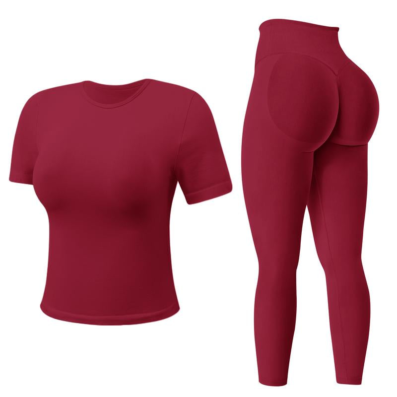 Jetjoy 2 Piece Workout Sets for Women, Long or Short Sleeve T Shirt Tank Top + Workout Shorts Butt Lifting Gym Seamless Booty Biker Shorts, Going Out Gym Sets Fitness Clothes Skinny Sportswear Compression Activewear Gymwear Fitness Clothes