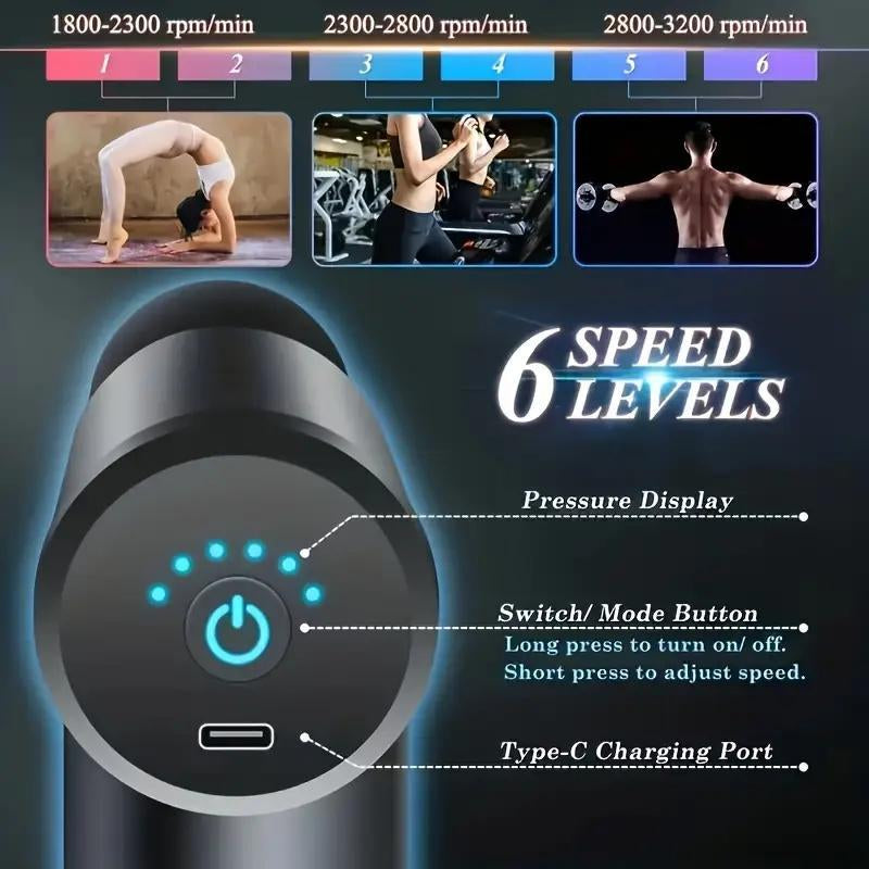 Home Portable USB Rechargeable 6-Speed Body Massage Gun, Adjustable Multifunctional Body Fascia Gun . Perfect for Muscle Recovery, Neck & Back Pain Relief, and Post-Workout Relaxation, 4 Replaceable Heads; Ultra-Quiet Brushless Motor, Black Massager Gift