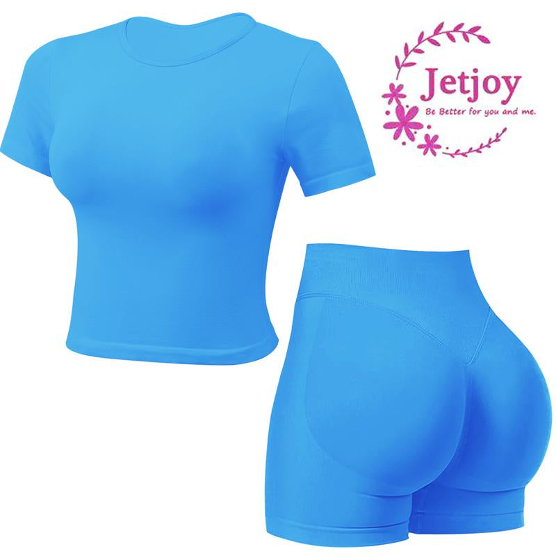 Jetjoy 2 Piece Workout Sets for Women, Long or Short Sleeve T Shirt Tank Top + Workout Shorts Butt Lifting Gym Seamless Booty Biker Shorts, Going Out Gym Sets Fitness Clothes Skinny Sportswear Compression Activewear Gymwear Fitness Clothes