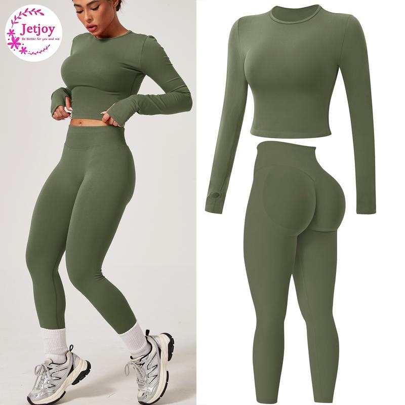 Jetjoy 2 Piece Workout Sets for Women, Long or Short Sleeve T Shirt Tank Top + Workout Shorts Butt Lifting Gym Seamless Booty Biker Shorts, Going Out Gym Sets Fitness Clothes Skinny Sportswear Compression Activewear Gymwear Fitness Clothes