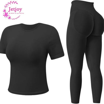 Jetjoy 2 Piece Workout Sets for Women, Long or Short Sleeve T Shirt Tank Top + Workout Shorts Butt Lifting Gym Seamless Booty Biker Shorts, Going Out Gym Sets Fitness Clothes Skinny Sportswear Compression Activewear Gymwear Fitness Clothes