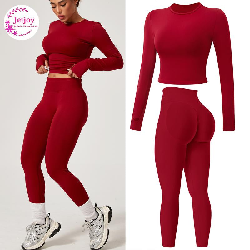 Jetjoy 2 Piece Workout Sets for Women, Long or Short Sleeve T Shirt Tank Top + Workout Shorts Butt Lifting Gym Seamless Booty Biker Shorts, Going Out Gym Sets Fitness Clothes Skinny Sportswear Compression Activewear Gymwear Fitness Clothes