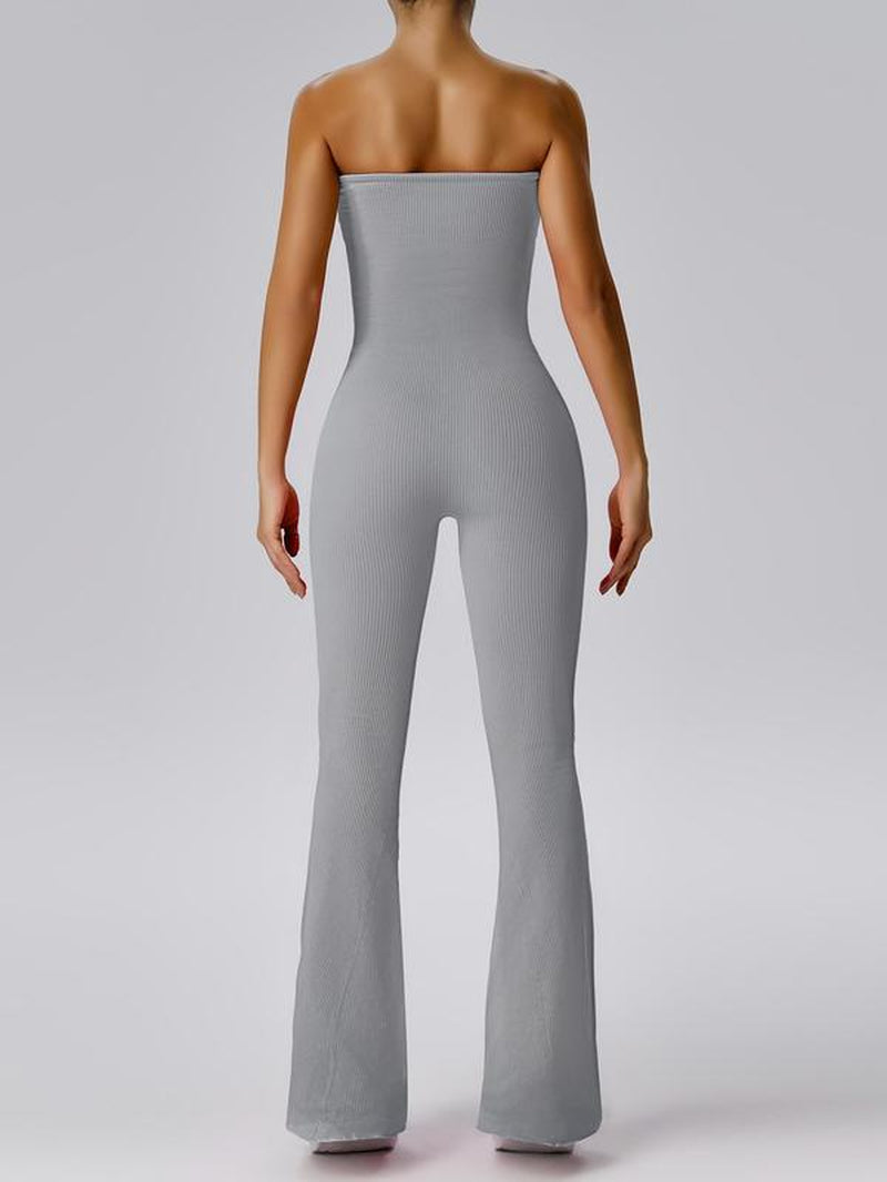 Women'S Sexy Yoga Ribbed One Piece Tube Jumpsuit Rompers Flared Trousers Tights Push-Up Sports Bodysuit Women Fitness Suit Workout Sportswear Gym