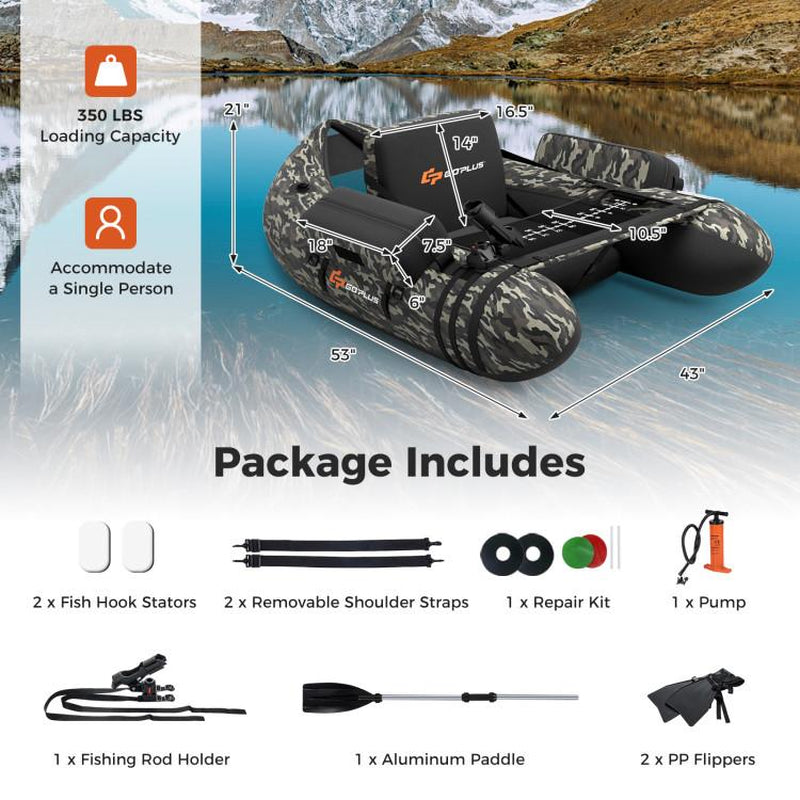 COSTWAY Inflatable Float Tube, Fishing Belly Boat with Fish Ruler, Pump, Storage Bag, Adjustable Straps, Fishing Float Tube for Angling, 350LBS Load Capacity