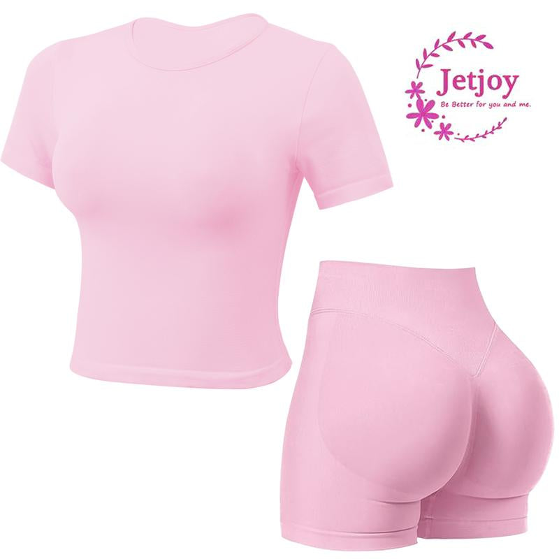 Jetjoy 2 Piece Workout Sets for Women, Long or Short Sleeve T Shirt Tank Top + Workout Shorts Butt Lifting Gym Seamless Booty Biker Shorts, Going Out Gym Sets Fitness Clothes Skinny Sportswear Compression Activewear Gymwear Fitness Clothes