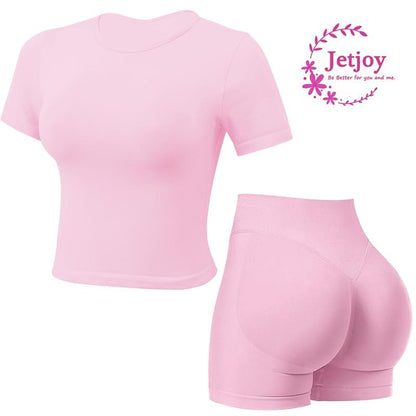 Jetjoy 2 Piece Workout Sets for Women, Long or Short Sleeve T Shirt Tank Top + Workout Shorts Butt Lifting Gym Seamless Booty Biker Shorts, Going Out Gym Sets Fitness Clothes Skinny Sportswear Compression Activewear Gymwear Fitness Clothes