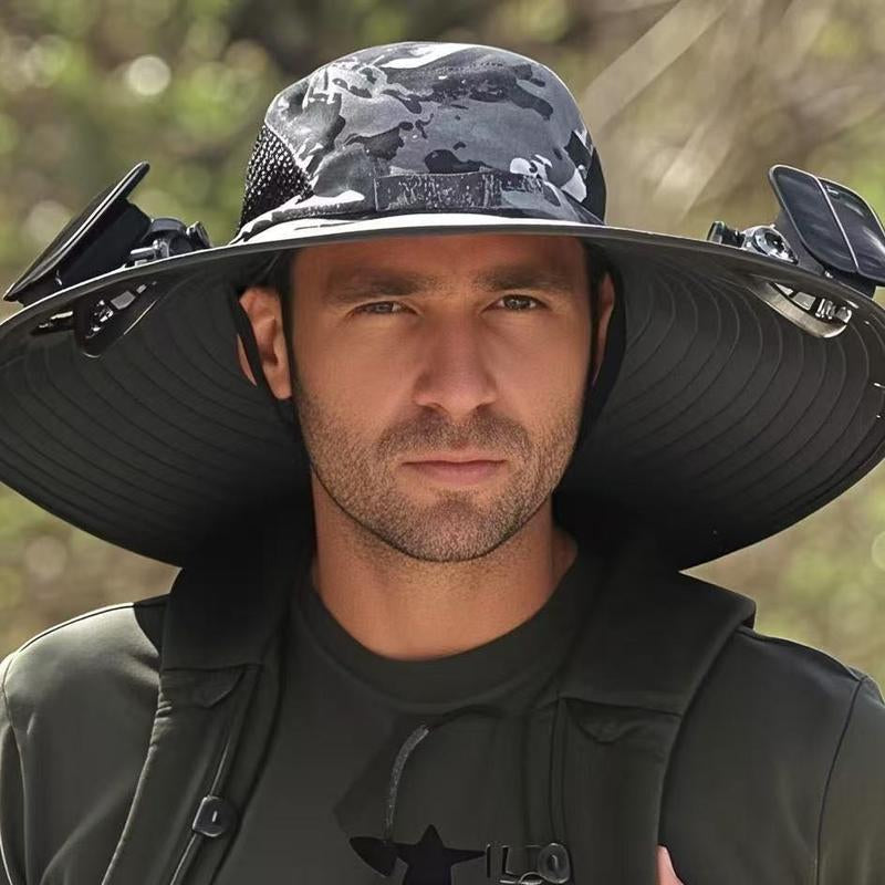 Solar Powered Outdoor Fishing Hat with Double Fans-Breathable Textile Material,Usb Charging,Sunscreen,Woven Fabric-Ldeal for Summer Hiking and Camping