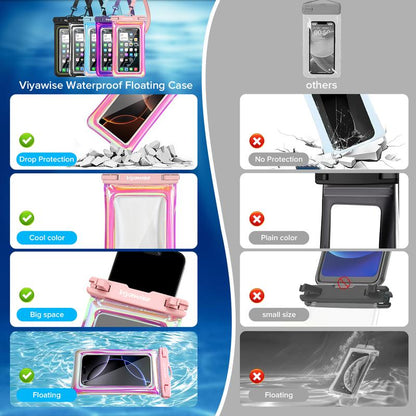 Viyawise Outdoorfun Waterproof Phone Pouch - IPX8 Certified & Floatable Design | 5 Holographic Colors | Fits Most Smartphones | Beach Cruise Swim Essentials with Adjustable Lanyard