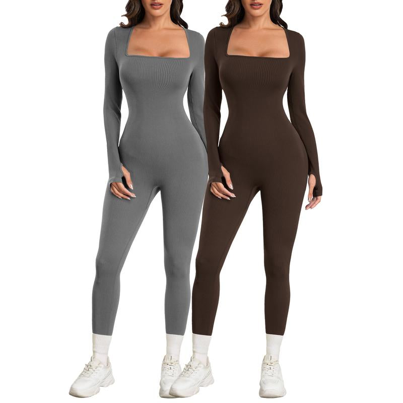 Sese Code Women Yoga Jumpsuits Workout Ribbed Long Sleeve Sport Jumpsuits