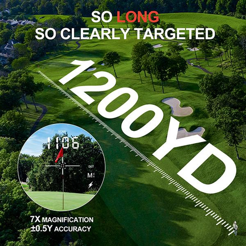 Golf Rangefinder with Slope, 1200 Yards, 7X Magnification, Rechargeable, Flag Lock Vibration, Glow-In-The-Dark, Sturdy Laser for Golfers (White)