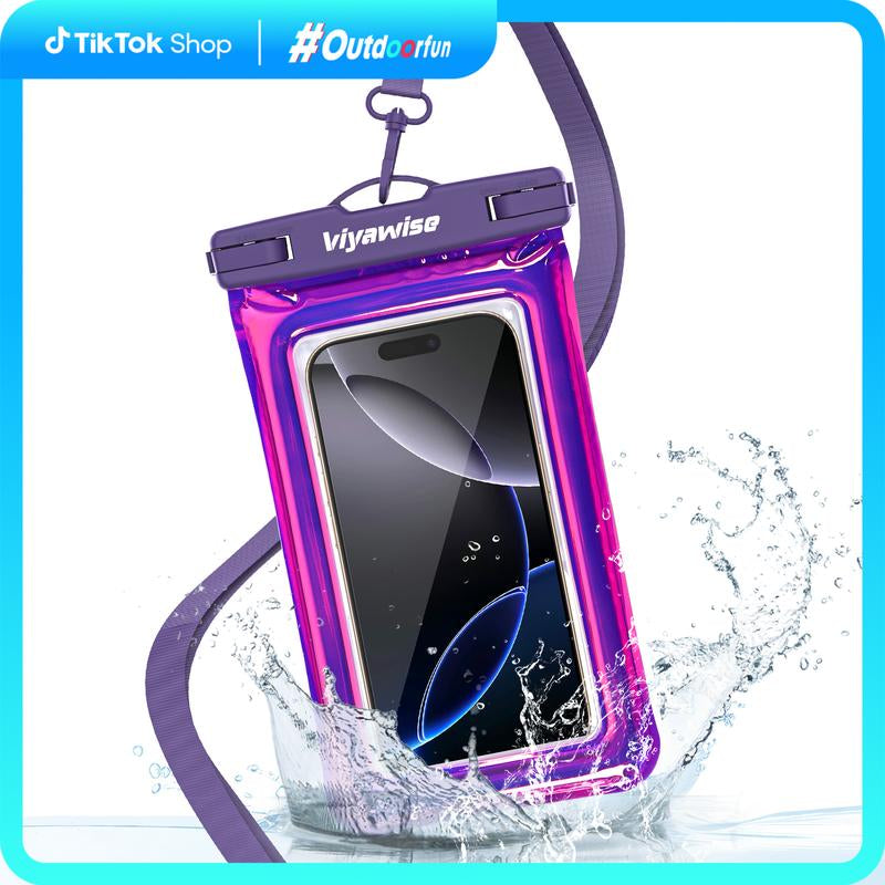 Viyawise Outdoorfun Waterproof Phone Pouch - IPX8 Certified & Floatable Design | 5 Holographic Colors | Fits Most Smartphones | Beach Cruise Swim Essentials with Adjustable Lanyard