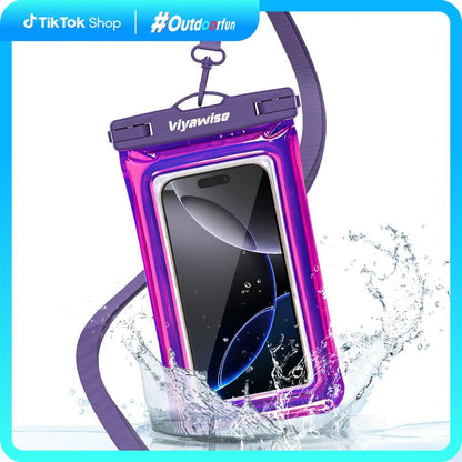 Viyawise Outdoorfun Waterproof Phone Pouch - IPX8 Certified & Floatable Design | 5 Holographic Colors | Fits Most Smartphones | Beach Cruise Swim Essentials with Adjustable Lanyard