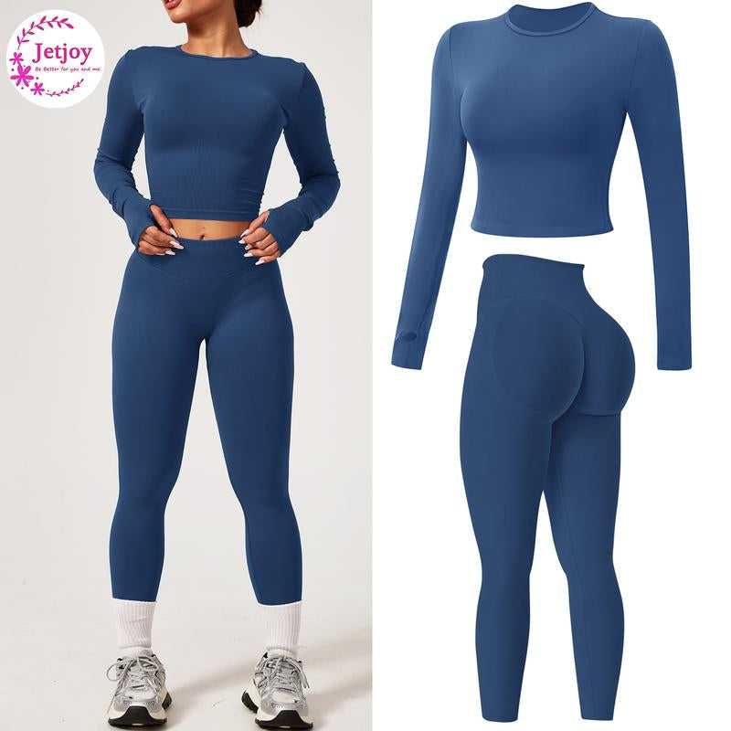 Jetjoy 2 Piece Workout Sets for Women, Long or Short Sleeve T Shirt Tank Top + Workout Shorts Butt Lifting Gym Seamless Booty Biker Shorts, Going Out Gym Sets Fitness Clothes Skinny Sportswear Compression Activewear Gymwear Fitness Clothes