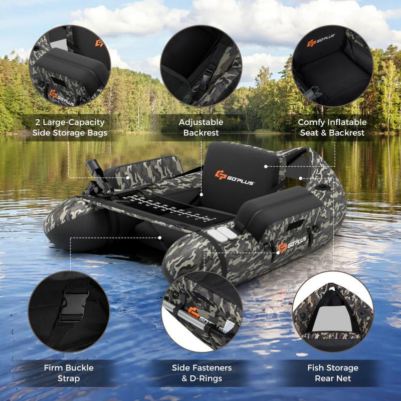 COSTWAY Inflatable Float Tube, Fishing Belly Boat with Fish Ruler, Pump, Storage Bag, Adjustable Straps, Fishing Float Tube for Angling, 350LBS Load Capacity