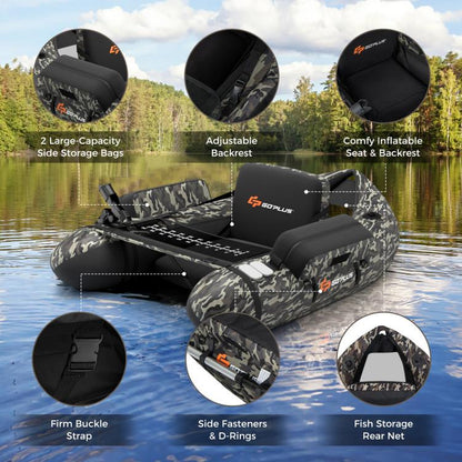COSTWAY Inflatable Float Tube, Fishing Belly Boat with Fish Ruler, Pump, Storage Bag, Adjustable Straps, Fishing Float Tube for Angling, 350LBS Load Capacity
