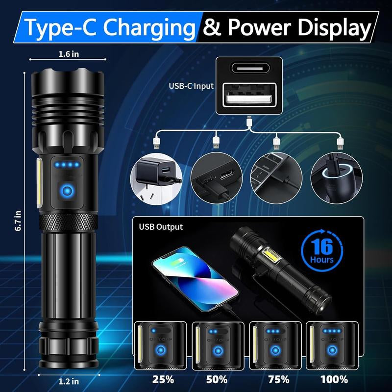 DACUAUCAD 3-In-1 POWER BANK FLASHLIGHT | Super Bright, USB Rechargeable Portable Flashlight with Zoom | Camping, Emergency, Fishing