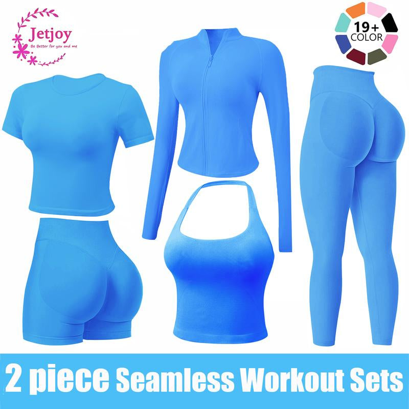 Jetjoy 2 Piece Workout Sets for Women, Long or Short Sleeve T Shirt Tank Top + Workout Shorts Butt Lifting Gym Seamless Booty Biker Shorts, Going Out Gym Sets Fitness Clothes Skinny Sportswear Compression Activewear Gymwear Fitness Clothes