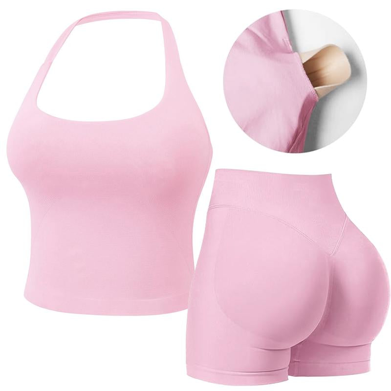 Jetjoy 2 Piece Workout Sets for Women, Long or Short Sleeve T Shirt Tank Top + Workout Shorts Butt Lifting Gym Seamless Booty Biker Shorts, Going Out Gym Sets Fitness Clothes Skinny Sportswear Compression Activewear Gymwear Fitness Clothes