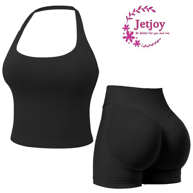 Jetjoy 2 Piece Workout Sets for Women, Long or Short Sleeve T Shirt Tank Top + Workout Shorts Butt Lifting Gym Seamless Booty Biker Shorts, Going Out Gym Sets Fitness Clothes Skinny Sportswear Compression Activewear Gymwear Fitness Clothes