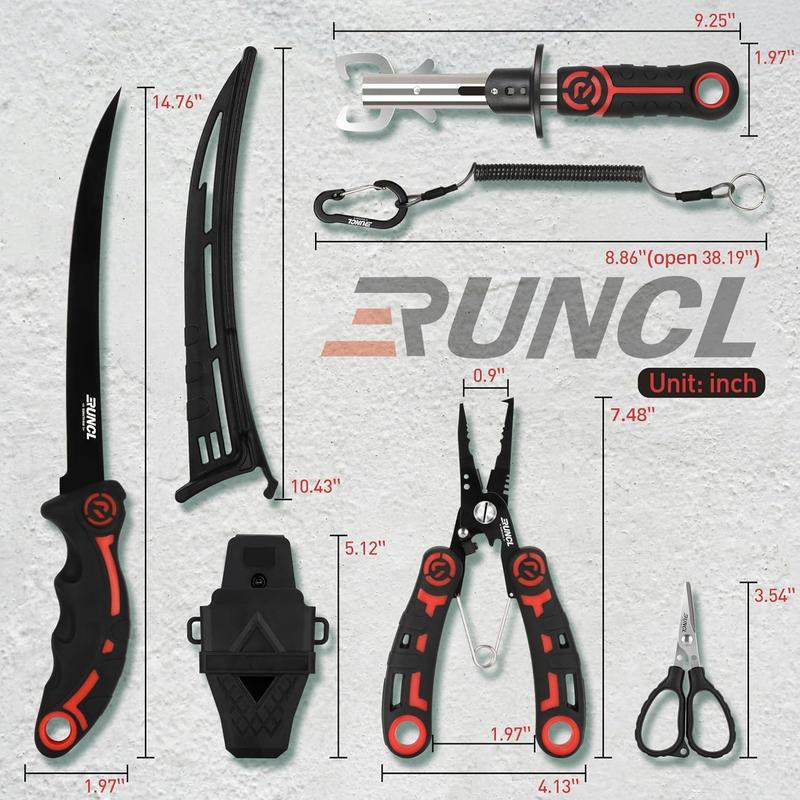 RUNCL 4Pc Fishing Tool Kit- Fishing Pliers, Fish Fillet Knife with Sharpener, Fish Lip Gripper, Fishing Braid Scissors, Saltwater Fishing Gear and Equipment with Sheath/Lanyard, Fishing Gifts for Men