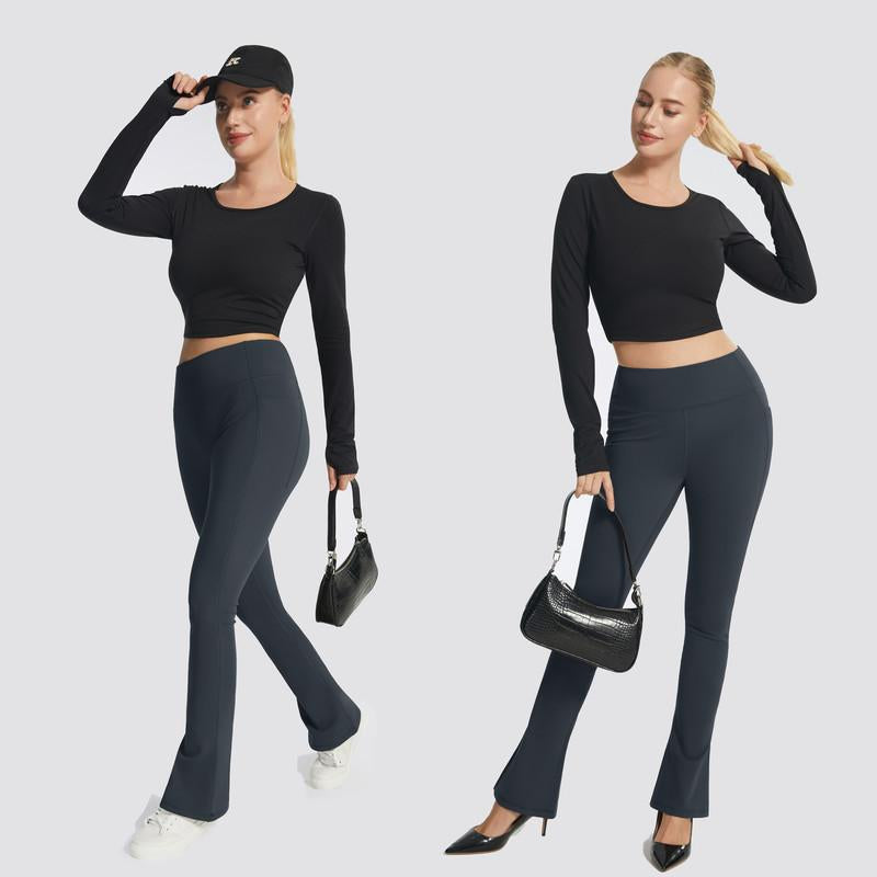 AFITNE Women'S Fleece Lined Yoga Pants Mini Flare Leggings with Pockets Thermal Warm Pants for Cold Weather