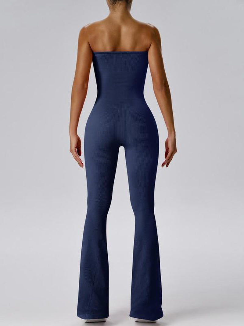 Women'S Sexy Yoga Ribbed One Piece Tube Jumpsuit Rompers Flared Trousers Tights Push-Up Sports Bodysuit Women Fitness Suit Workout Sportswear Gym
