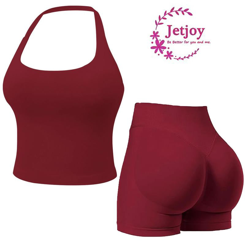 Jetjoy 2 Piece Workout Sets for Women, Long or Short Sleeve T Shirt Tank Top + Workout Shorts Butt Lifting Gym Seamless Booty Biker Shorts, Going Out Gym Sets Fitness Clothes Skinny Sportswear Compression Activewear Gymwear Fitness Clothes