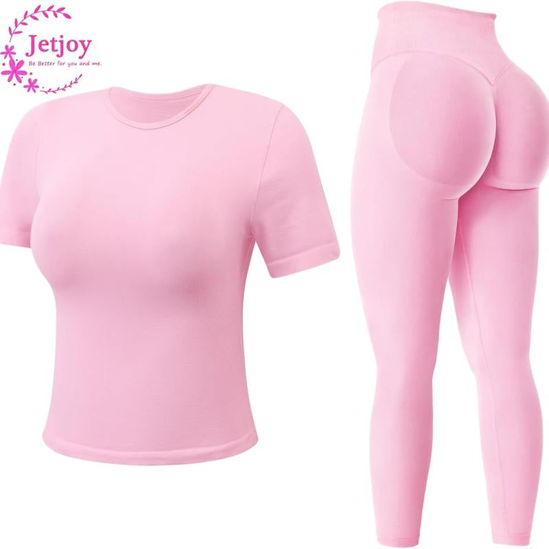 Jetjoy 2 Piece Workout Sets for Women, Long or Short Sleeve T Shirt Tank Top + Workout Shorts Butt Lifting Gym Seamless Booty Biker Shorts, Going Out Gym Sets Fitness Clothes Skinny Sportswear Compression Activewear Gymwear Fitness Clothes