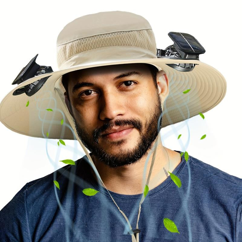 Solar Powered Outdoor Fishing Hat with Double Fans-Breathable Textile Material,Usb Charging,Sunscreen,Woven Fabric-Ldeal for Summer Hiking and Camping