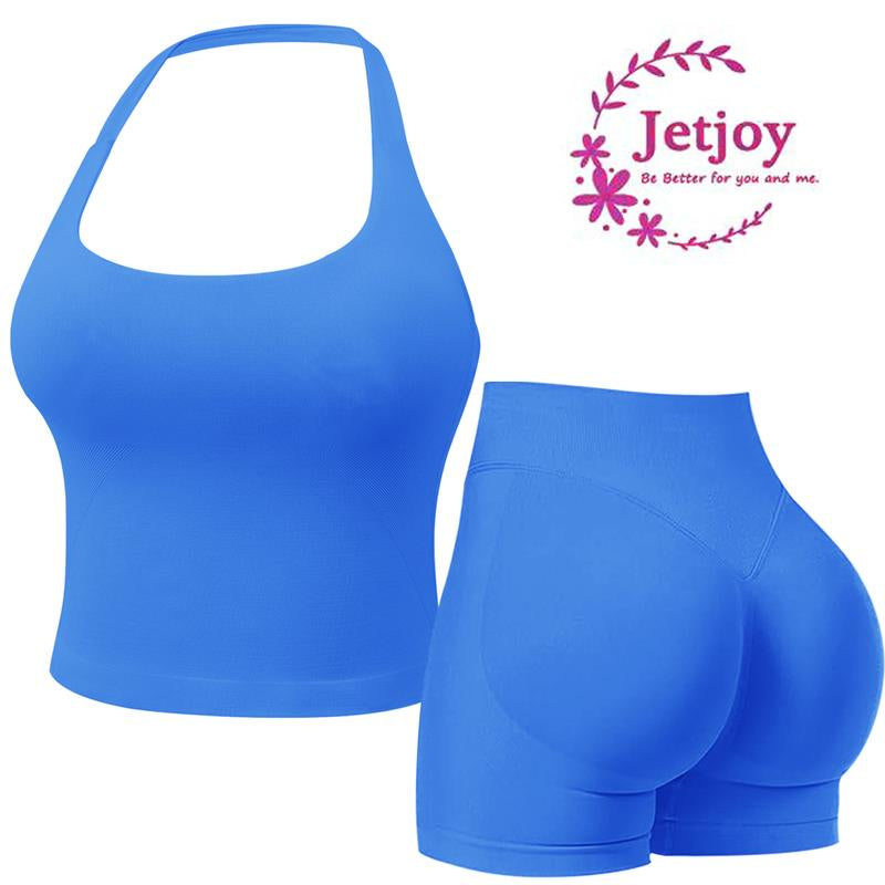Jetjoy 2 Piece Workout Sets for Women, Long or Short Sleeve T Shirt Tank Top + Workout Shorts Butt Lifting Gym Seamless Booty Biker Shorts, Going Out Gym Sets Fitness Clothes Skinny Sportswear Compression Activewear Gymwear Fitness Clothes