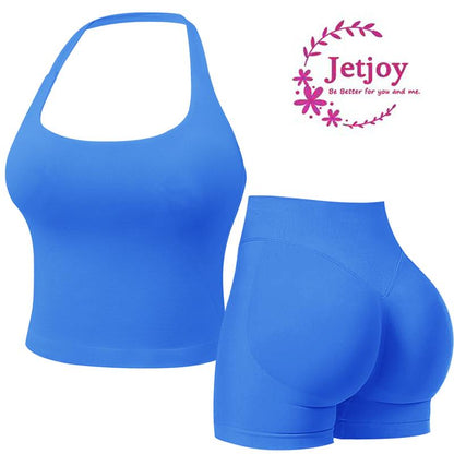 Jetjoy 2 Piece Workout Sets for Women, Long or Short Sleeve T Shirt Tank Top + Workout Shorts Butt Lifting Gym Seamless Booty Biker Shorts, Going Out Gym Sets Fitness Clothes Skinny Sportswear Compression Activewear Gymwear Fitness Clothes
