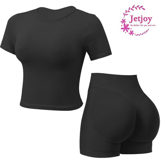 Jetjoy 2 Piece Workout Sets for Women, Long or Short Sleeve T Shirt Tank Top + Workout Shorts Butt Lifting Gym Seamless Booty Biker Shorts, Going Out Gym Sets Fitness Clothes Skinny Sportswear Compression Activewear Gymwear Fitness Clothes