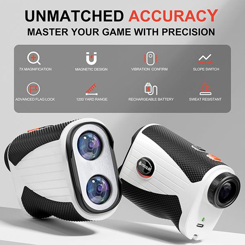 Golf Rangefinder with Slope, 1200 Yards, 7X Magnification, Rechargeable, Flag Lock Vibration, Glow-In-The-Dark, Sturdy Laser for Golfers (White)