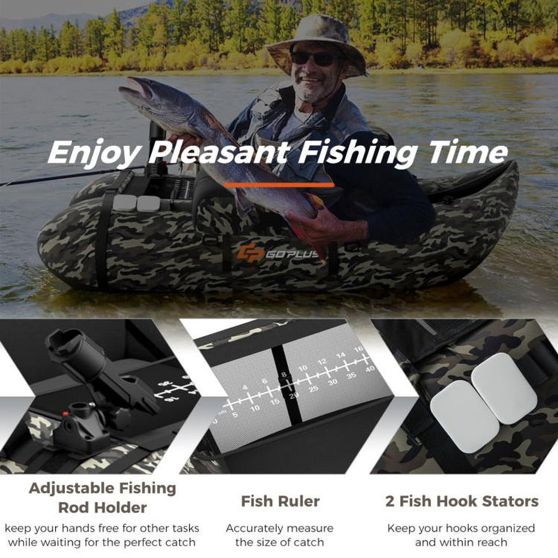 COSTWAY Inflatable Float Tube, Fishing Belly Boat with Fish Ruler, Pump, Storage Bag, Adjustable Straps, Fishing Float Tube for Angling, 350LBS Load Capacity