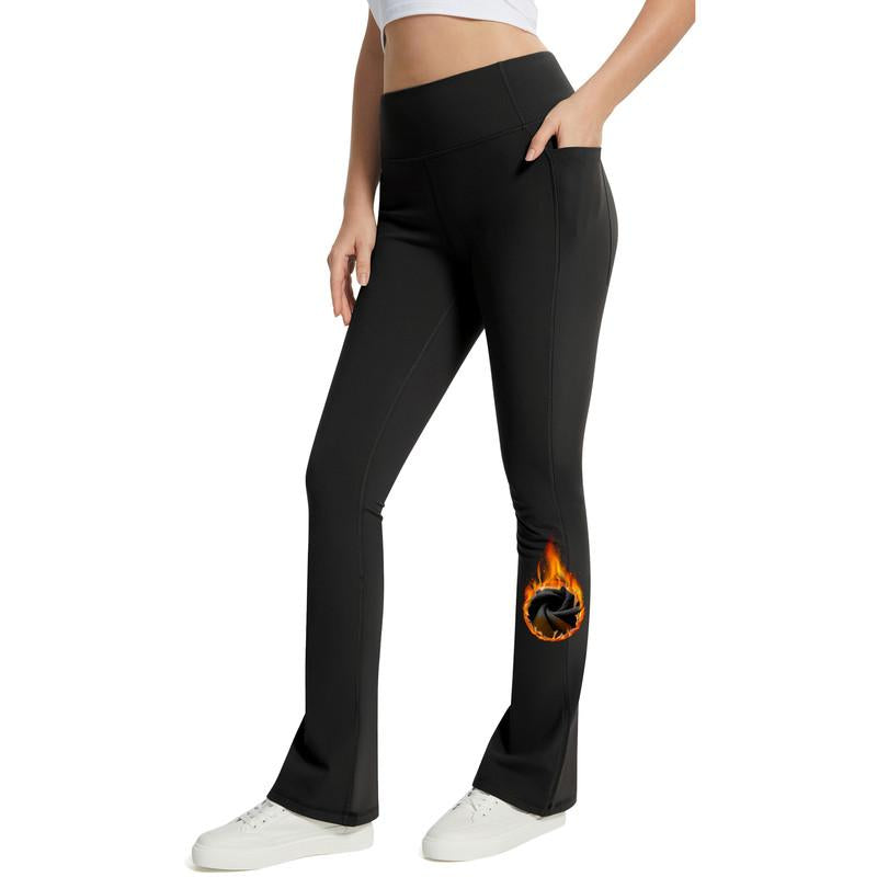 AFITNE Women'S Fleece Lined Yoga Pants Mini Flare Leggings with Pockets Thermal Warm Pants for Cold Weather