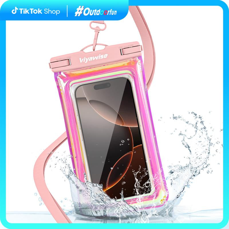 Viyawise Outdoorfun Waterproof Phone Pouch - IPX8 Certified & Floatable Design | 5 Holographic Colors | Fits Most Smartphones | Beach Cruise Swim Essentials with Adjustable Lanyard