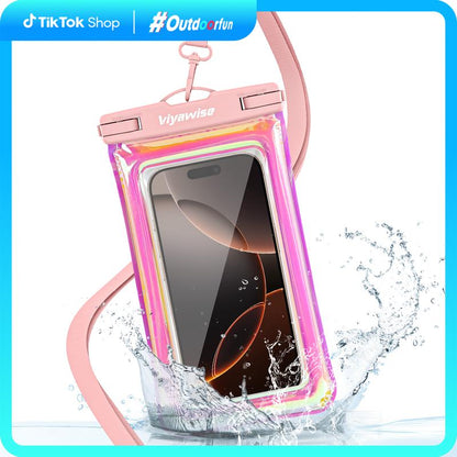 Viyawise Outdoorfun Waterproof Phone Pouch - IPX8 Certified & Floatable Design | 5 Holographic Colors | Fits Most Smartphones | Beach Cruise Swim Essentials with Adjustable Lanyard