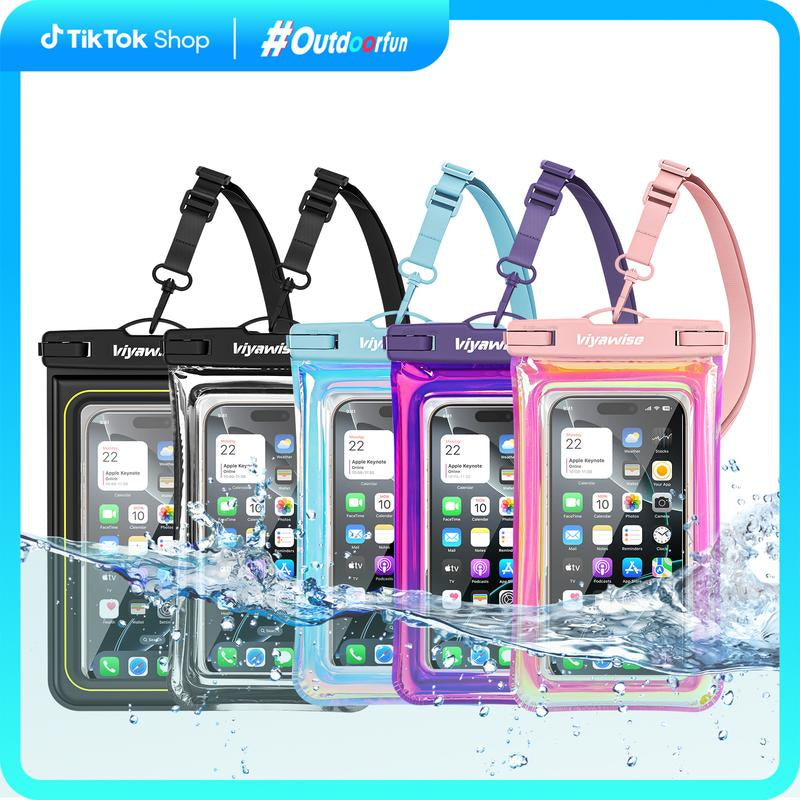 Viyawise Outdoorfun Waterproof Phone Pouch - IPX8 Certified & Floatable Design | 5 Holographic Colors | Fits Most Smartphones | Beach Cruise Swim Essentials with Adjustable Lanyard