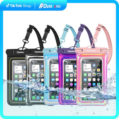 Viyawise Outdoorfun Waterproof Phone Pouch - IPX8 Certified & Floatable Design | 5 Holographic Colors | Fits Most Smartphones | Beach Cruise Swim Essentials with Adjustable Lanyard