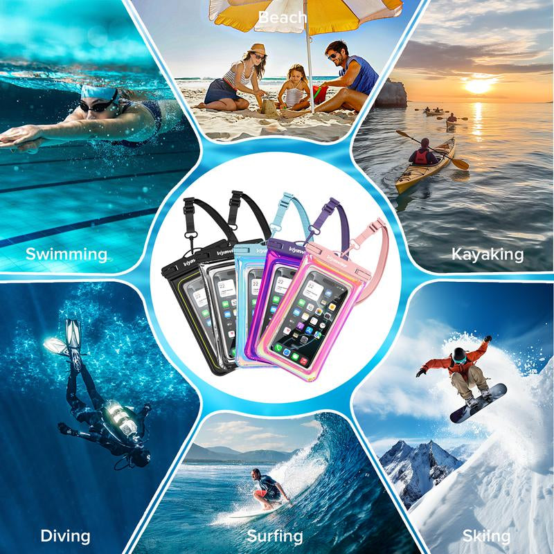 Viyawise Outdoorfun Waterproof Phone Pouch - IPX8 Certified & Floatable Design | 5 Holographic Colors | Fits Most Smartphones | Beach Cruise Swim Essentials with Adjustable Lanyard