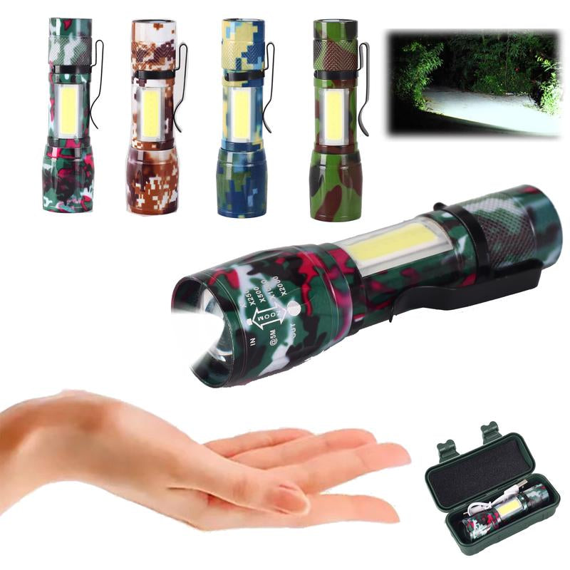 Small Metal Pocket Torch Light Rechargeable Military Portable Mini Flashlight with Battery USB Cable with Side Light Zoomable Mini LED Torch for Camping Fishing Cycling Emergency Light for Home Daily Use Powerful Handheld Super Bright,Hike Emergency