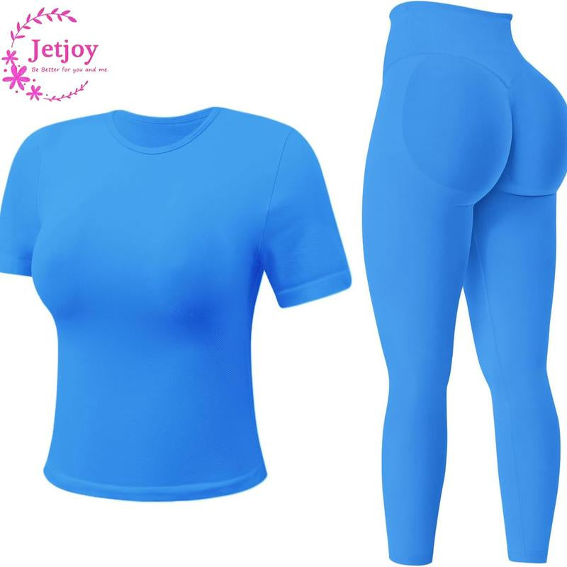 Jetjoy 2 Piece Workout Sets for Women, Long or Short Sleeve T Shirt Tank Top + Workout Shorts Butt Lifting Gym Seamless Booty Biker Shorts, Going Out Gym Sets Fitness Clothes Skinny Sportswear Compression Activewear Gymwear Fitness Clothes