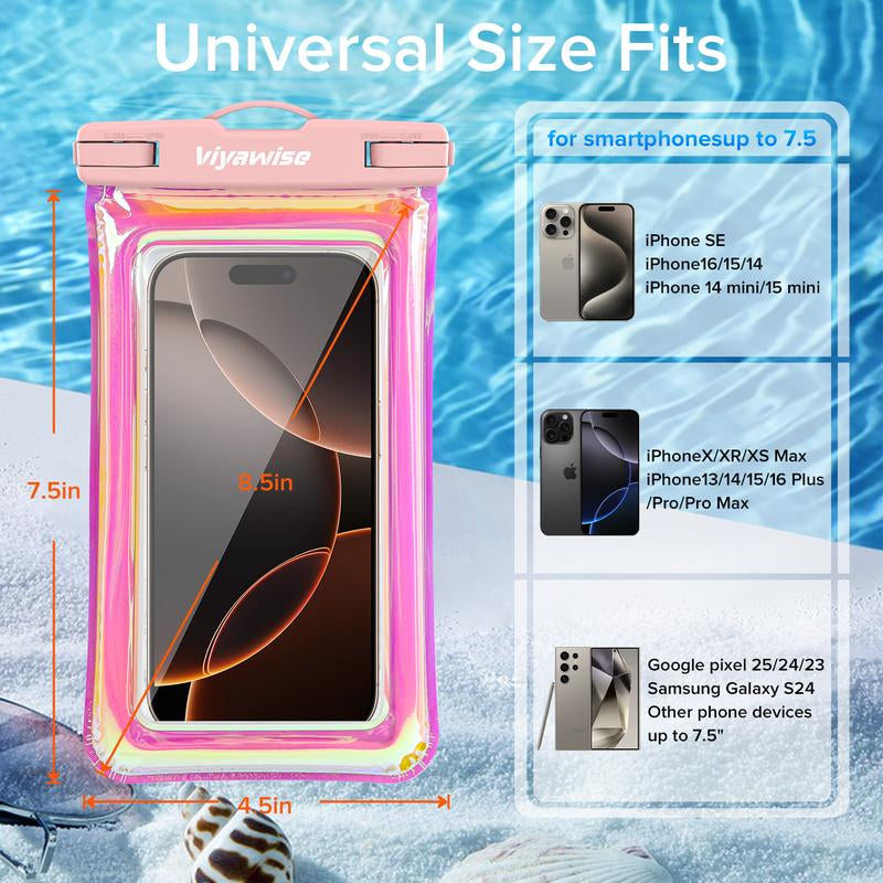 Viyawise Outdoorfun Waterproof Phone Pouch - IPX8 Certified & Floatable Design | 5 Holographic Colors | Fits Most Smartphones | Beach Cruise Swim Essentials with Adjustable Lanyard