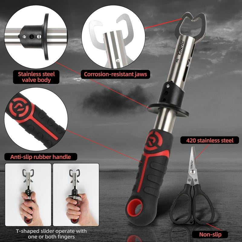 RUNCL 4Pc Fishing Tool Kit- Fishing Pliers, Fish Fillet Knife with Sharpener, Fish Lip Gripper, Fishing Braid Scissors, Saltwater Fishing Gear and Equipment with Sheath/Lanyard, Fishing Gifts for Men